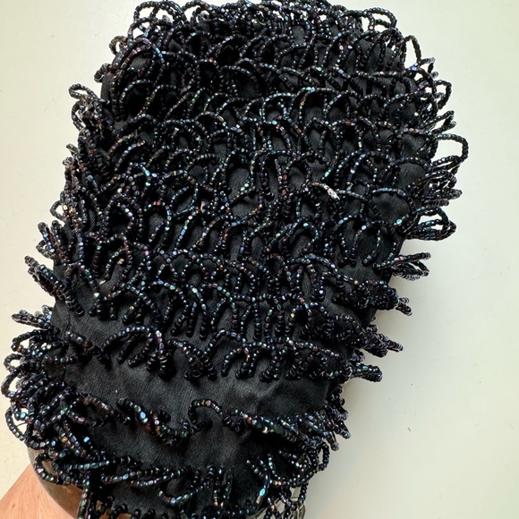 Antique Art Deco Blue Iridescent tassel beaded mirror pouch~Silver Repousse Lid - Picture 5 of 10